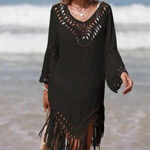 NEW Black Crochet Fringe Hem Loose Waisted Coverup